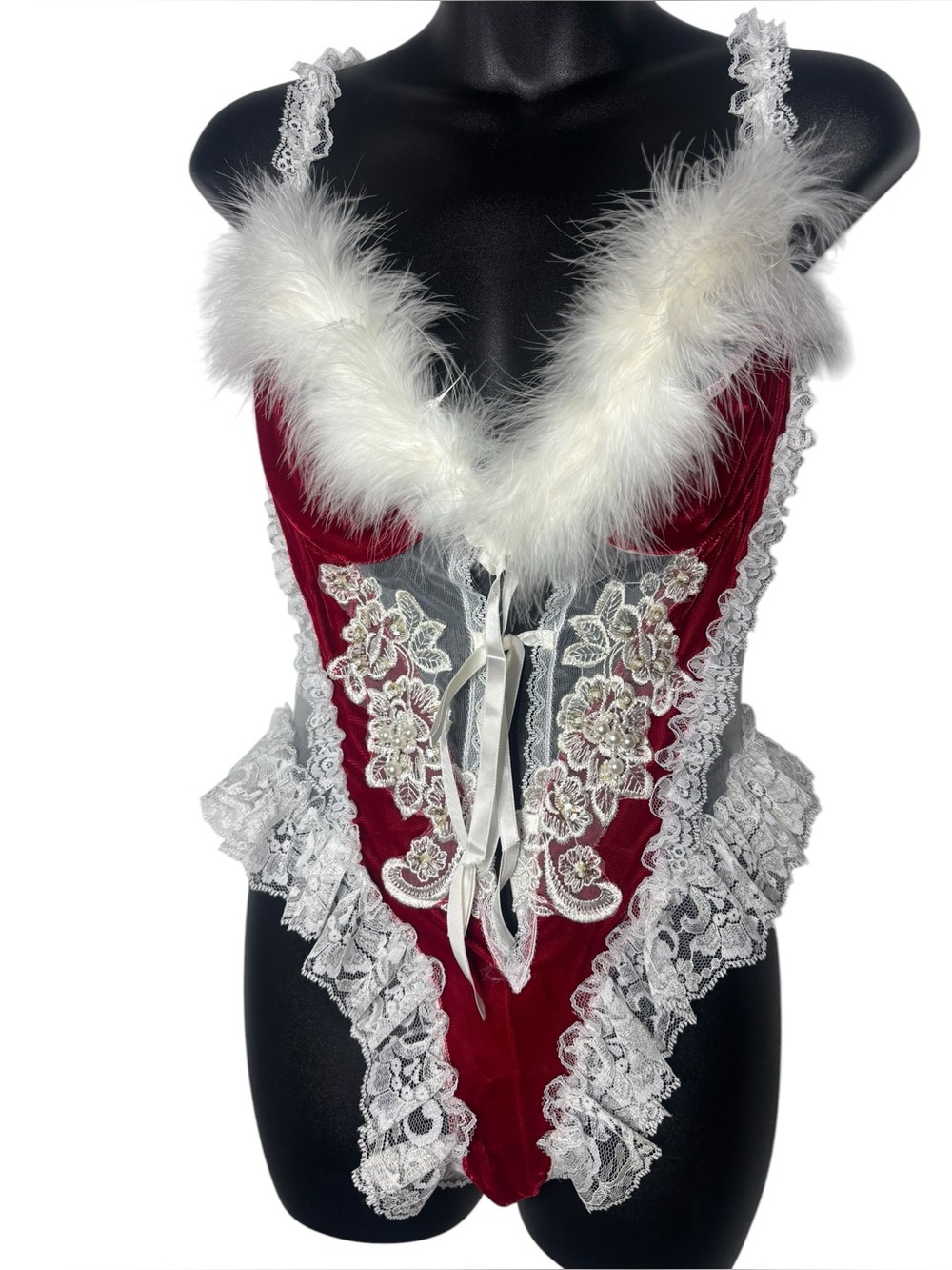 Fredericks of Hollywood vintage y2k marabou feather lace Santa baby lingerie